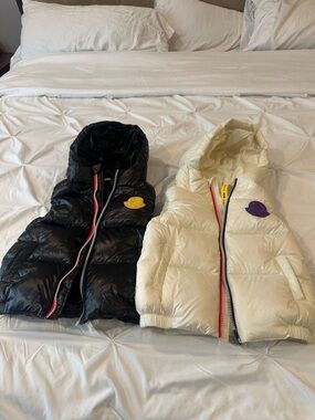Moncler Kids Hooded Puffer Vest in Black and Cream